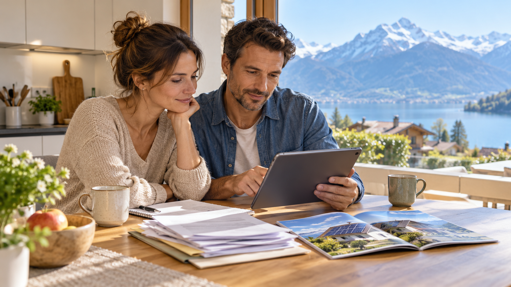 Un couple consulte un projet de budget et d’énergie dans un logement suisse