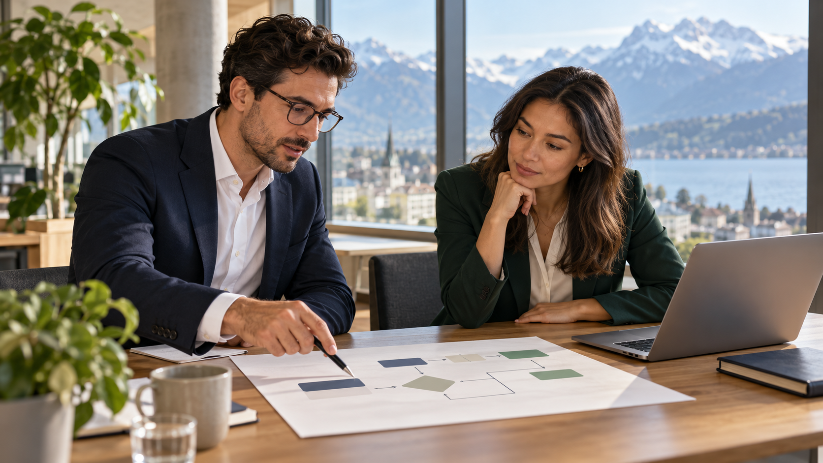 Deux professionnels examinent un parcours de qualification commerciale dans un bureau suisse